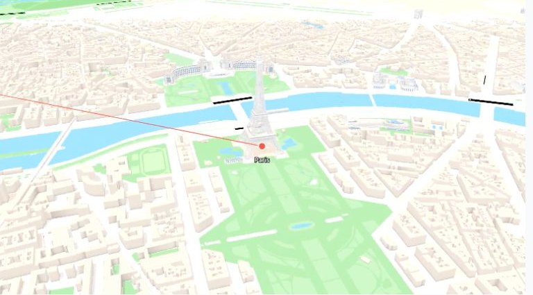 Aerial 3D city map of Paris in pale cream and green with a blue river, a thin red route line ending at a red dot labelled Paris next to a 3D Eiffel Tower.