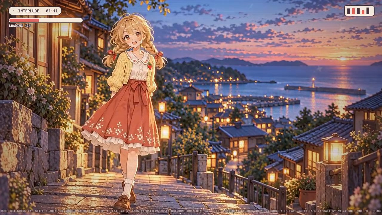 Anime-style young woman with braids in a yellow cardigan and red skirt walking down a lantern-lit stone street above a harbour at sunset, with a small 'INTERLUDE 01:11' progress bar at top left.
