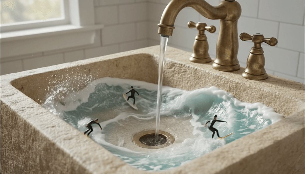 Macro view of a stone bathroom sink with a brass faucet running; three miniature surfers ride white-capped turquoise waves around the drain.