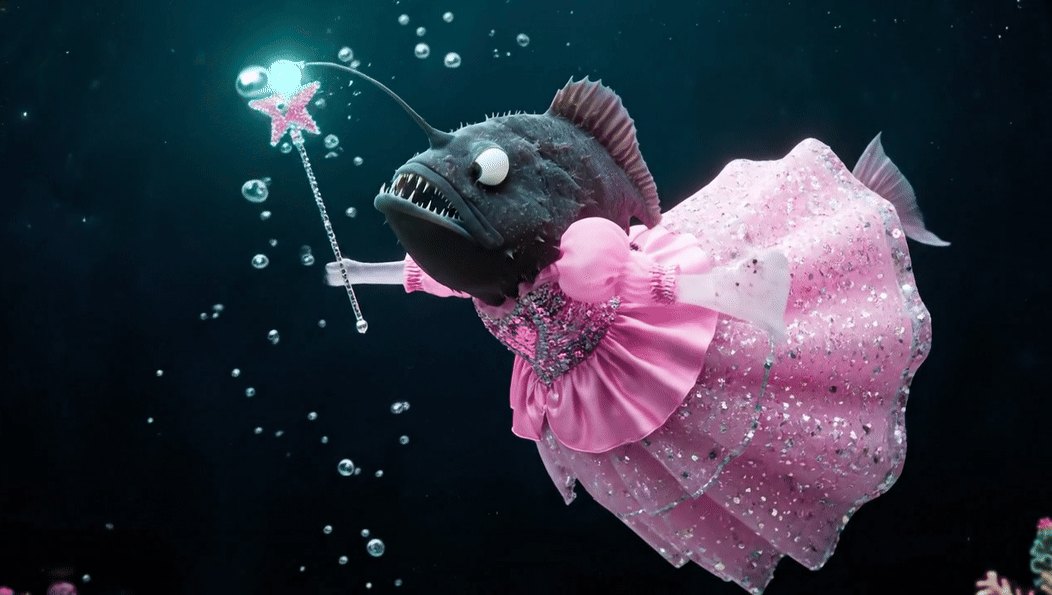 A dark-grey angler fish with a glowing lure swims in dark water wearing a sparkly pink dress and holding a star-tipped wand; small bubbles around it.