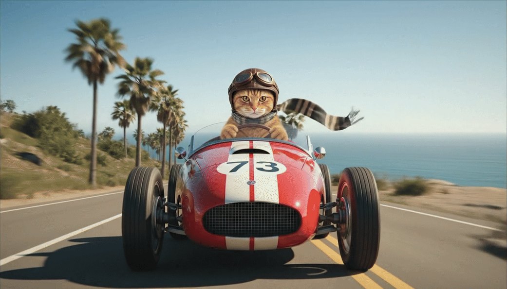 A ginger cat in a leather flying cap and striped scarf drives a red vintage racing car numbered 73 along a coastal road with palm trees and the sea behind.