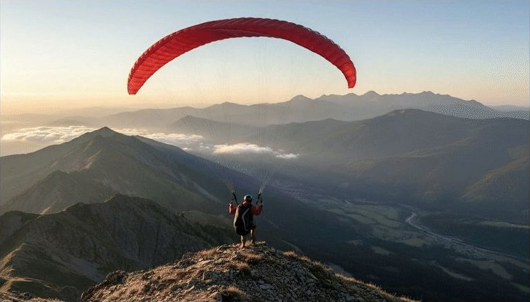 A paraglider with a red wing stands on a rocky ridge in warm low light, looking out over hazy mountain ranges and layers of cloud.