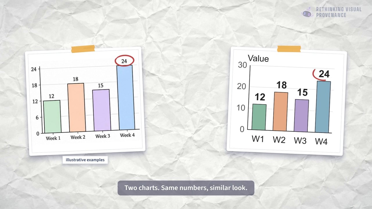A frame from the video: two bar charts on crumpled paper, one drawn directly by an AI image model and one drawn from code, with the caption “Two charts. Same numbers, similar look.”
